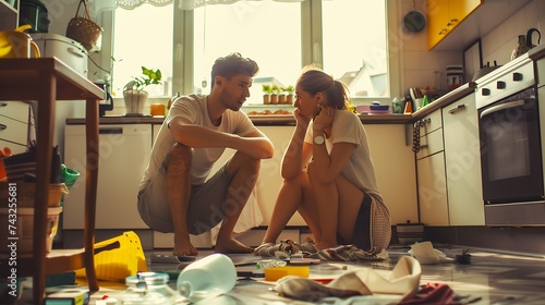 Angry evicted couple worried moving house sitting on the floor in the kitchen : Generative AI photo