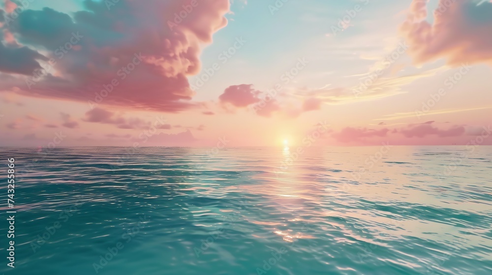 Mesmerizing beautiful morning Mediterranean seascape with turquoise skies soft sun peeping through the pink clouds and silvery water surface at dawn : Generative AI - obrazy, fototapety, plakaty 