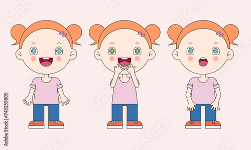 red hair little girl, baby emotions, happy surprised children, funny child