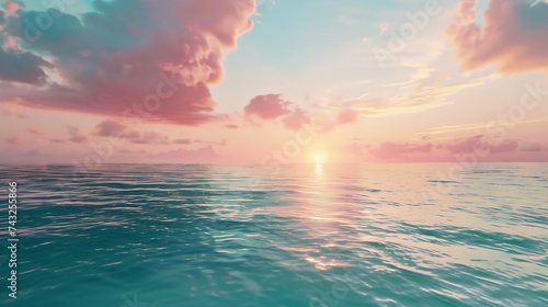 Mesmerizing beautiful morning Mediterranean seascape with turquoise skies soft sun peeping through the pink clouds and silvery water surface at dawn : Generative AI photo
