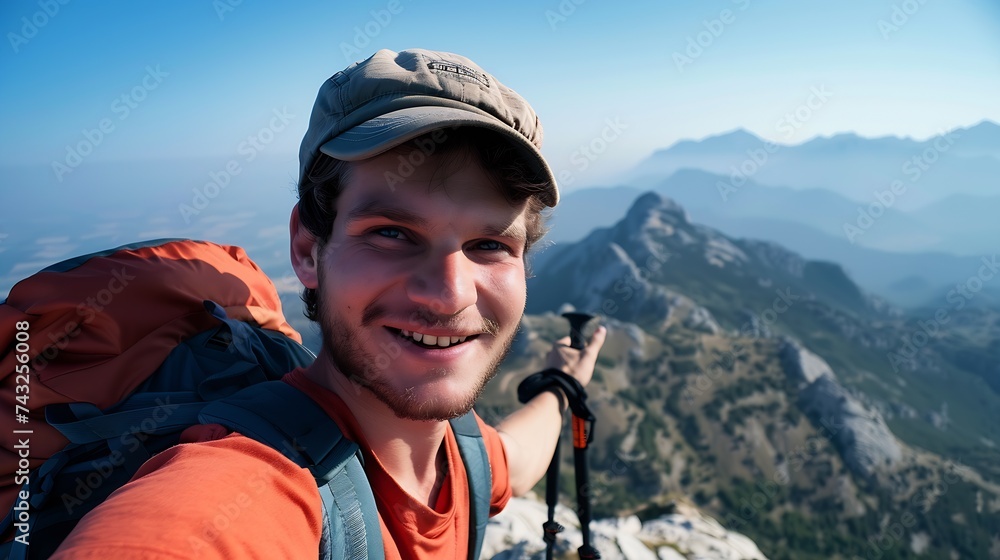 Young hiker man taking selfie portrait on the top of mountain Happy guy smiling at camera Hiking and climbing cliff : Generative AI