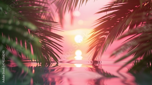 View through green tropical palm leaves on sun setting on sunset which turns sea water and sky pink colors Beautiful summer natural tropical landscape Defocused blurred background : Generative AI © Generative AI