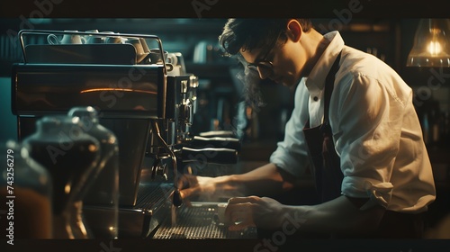 Closeup of making coffee Closeup image of male barista preparing fresh coffee   Generative AI