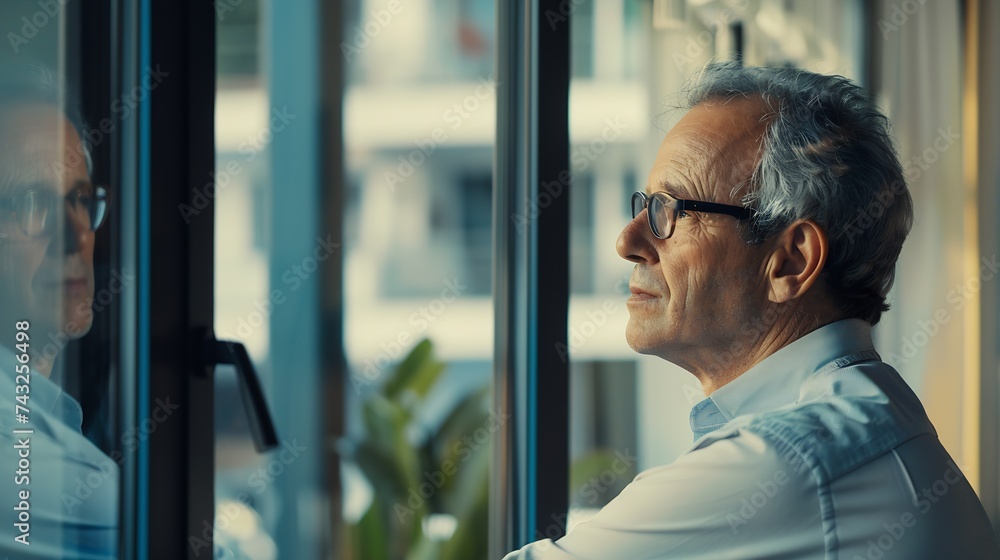 Side view of a satisfied entrepreneur with a new job looking through the window at office : Generative AI Side view of a satisfied entrepreneur with a new job looking through the window at office : Generative AI