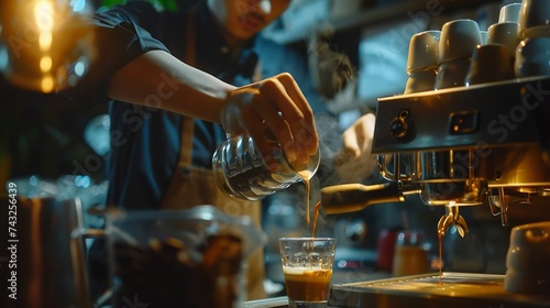 Barista making cappuccino bartender preparing coffee drink : Generative AI photo