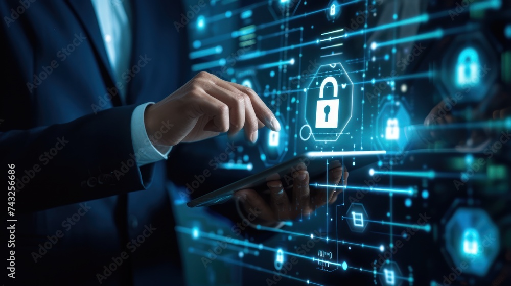 Internet security. Users use laptop login with biometric identification, cyber technology and network systems Internet security. Users use laptop login with biometric identification, cyber technology and network systems