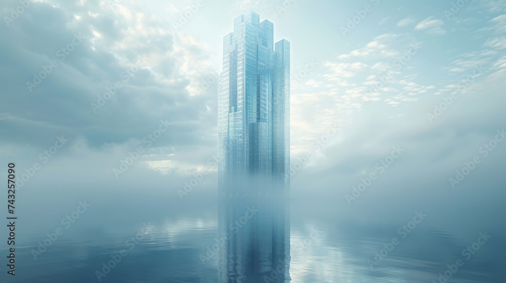 Fototapeta premium A towering skyscraper made of glass with each floor representing a different financial metric or projection. Numbers and data are displayed on each level creating a visual representation