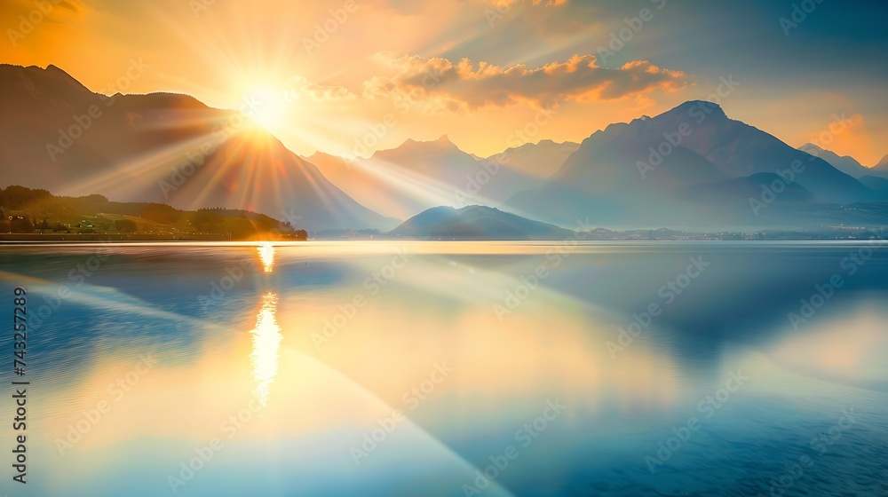 Beautiful panoramic natural sea evening landscape with sunset over mountains Golden sunbeams reflected in water : Generative AI