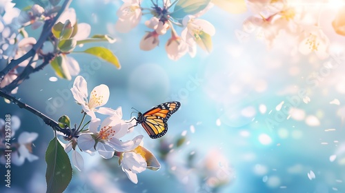 Beautiful spring branch of a blossoming apple tree with whitepink flowers and butterfly on defocused background blue sky in bright sunny day : Generative AI photo