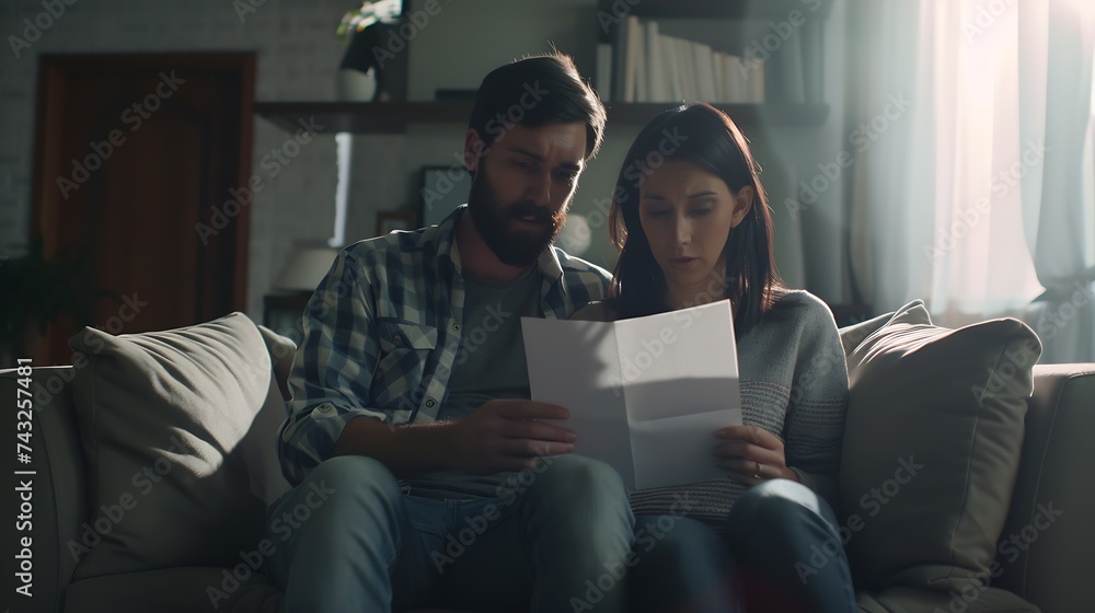 Worried couple reading a letter sitting on a couch in the living room at home : Generative AI