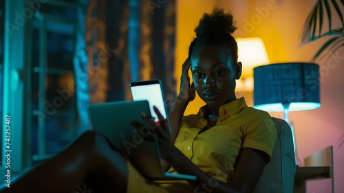 African woman sit at workplace desk holds cellphone staring at laptop synchronize data between computer and gadget in office use corporate devices and business application plan work us : Generative AI