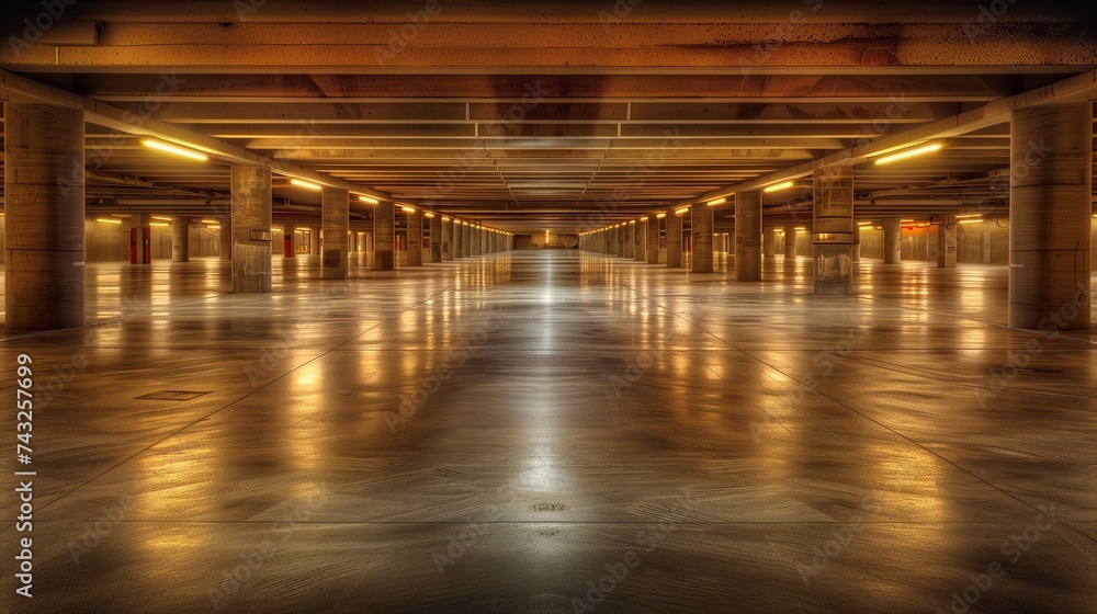 Obraz premium Wide-angle view of an empty underground parking garage illuminated by overhead lights