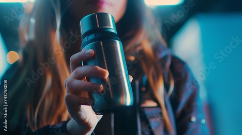 Woman holding thermos bottle at workplace closeup : Generative AI photo
