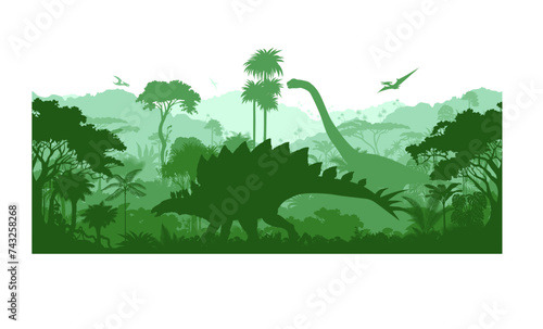 Vector prehistoric seamless jungle background with dinosaurs: stegosaurus, brontosaurus and pterodactyl