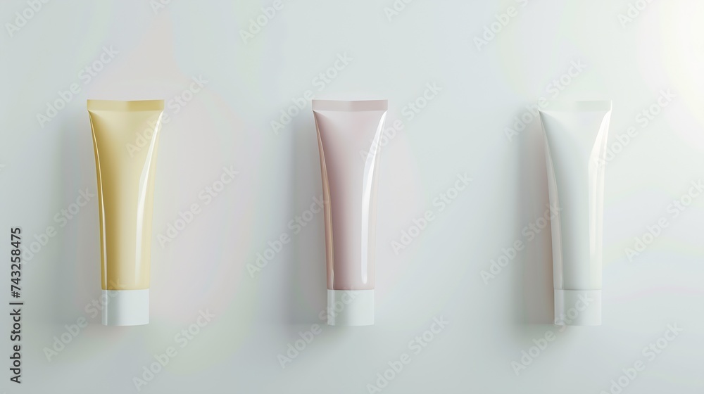 Set with blank tubes of cosmetic products on white background Mockup for design : Generative AI Set with blank tubes of cosmetic products on white background Mockup for design : Generative AI