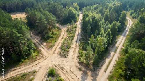 Aerial view of sandy pathways crossroad in the middle of the forest in Uzusaliai Kaunas Lithuania : Generative AI