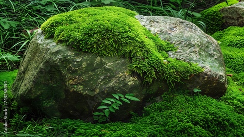 A stone covered with green moss in the forest Wide banner Copy space for product display design montage Panoramic   Generative AI