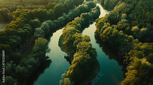 Aerial top view of winding river Aa in forest Starkriet SomerenEind NoordBrabant Netherlands : Generative AI photo