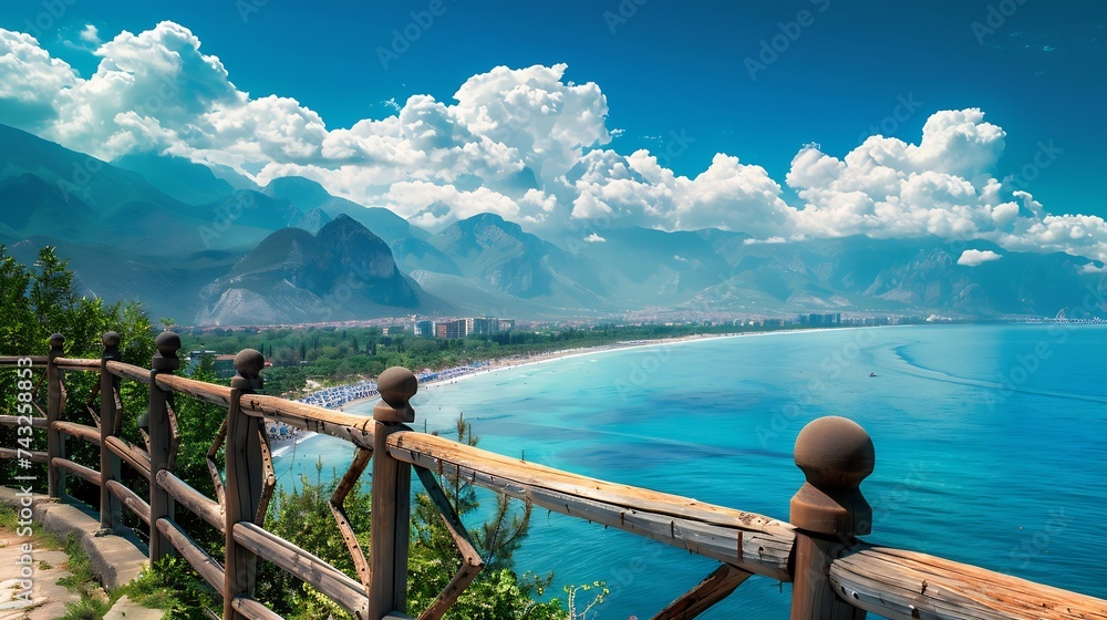 Beautiful morning view from observation deck on coast Turkish city Antalya Idyllic composition of wooden fence turquoise sea beach greenery parks mountains with white clouds and bright : Generative AI - obrazy, fototapety, plakaty 