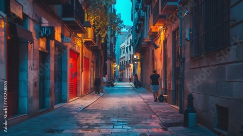 Pedestrian street of European city at night Sant Adria de Besos Barcelona : Generative AI © Generative AI