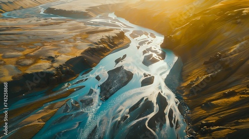 Aerial view of a volcanic river just outside of Villingholt Iceland Rivers like this are all over the Icelandic landscape with colors ranging from yellow to blue to green : Generative AI