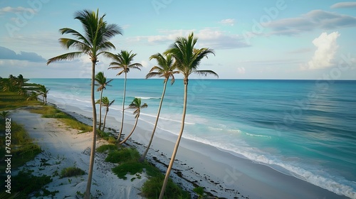 Aerial View of palm trees along the shoreline on the beach Berry Islands the Bahamas : Generative AI