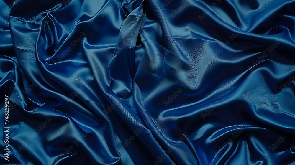 Fototapeta premium Dark blue silk satin Soft folds Fabric Navy blue luxury background Space for designWavy lines Banner Flat lay top view table Beautiful Elegant Birthday Christmas Valentines Day : Generative AI