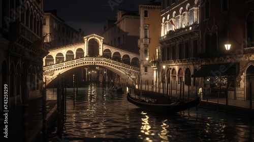 Venice street to Rialto Bridge at night Italy : Generative AI