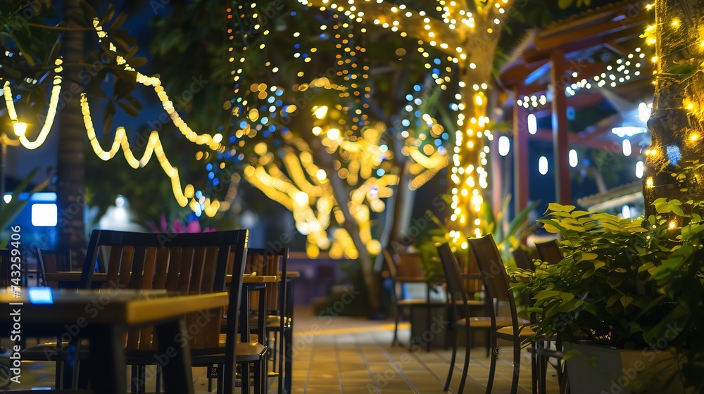 Blur image of outdoor park restaurant with light up decoration on trees at night : Generative AI