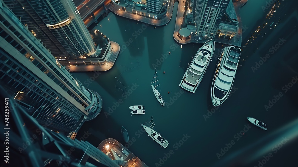 Aerial view of Dubai Marina with moored boats and skyscrapers UAE : Generative AI - obrazy, fototapety, plakaty 