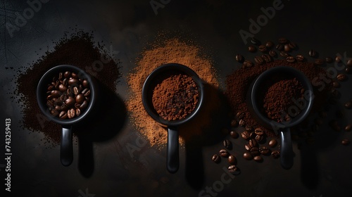 Coffee in its various forms from raw beans to ground coffee and cappuccino in three portafilters : Generative AI photo