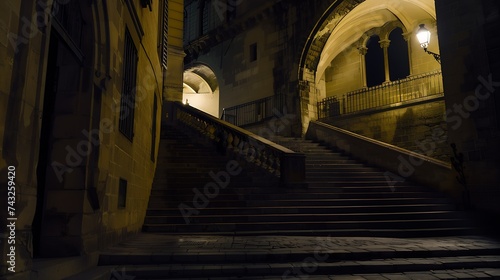 Girona city by night Pujada de Sant Domenec stairs and Arch of the Agullana Palace Catalonia Spain : Generative AI photo
