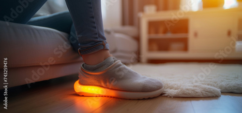 A closeup of a foot warmer with a builtin heating element providing a soothing warmth for tired feet after a long day.