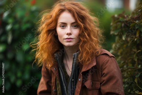 Beautiful red-haired girl with freckles in a brown coat on the street in the autumn.