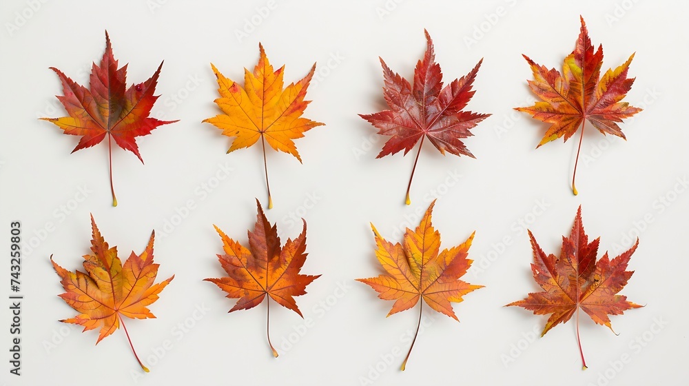 A set for creativity of ten natural maple leaves of the autumn period in yellow orange red burgundy green colors on a white background : Generative AI