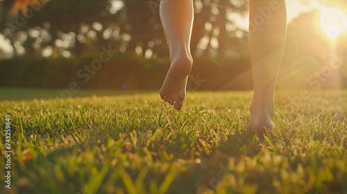 Woman walking barefoot on green grass outdoors closeup : Generative AI