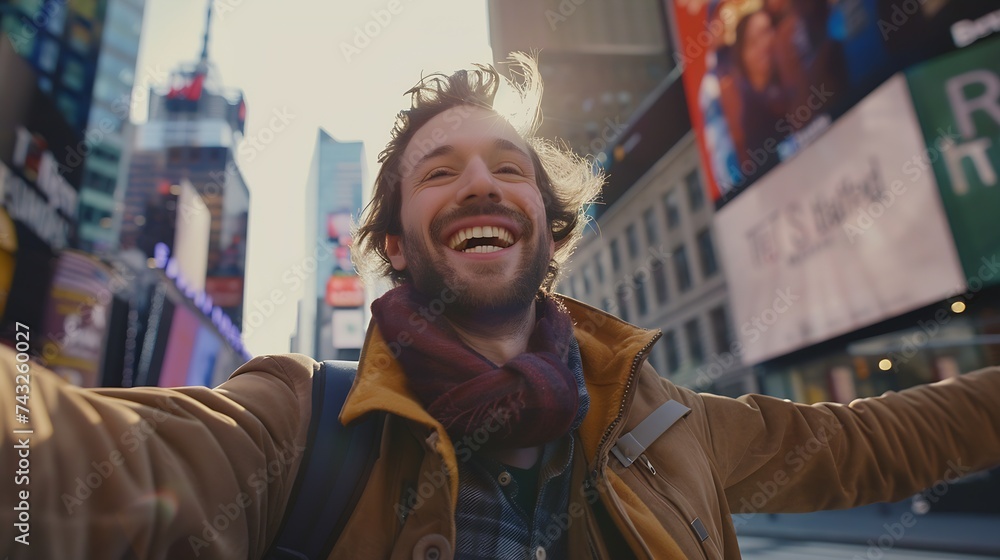 Happy tourist caucasian man having fun taking a selfie at New York city : Generative AI