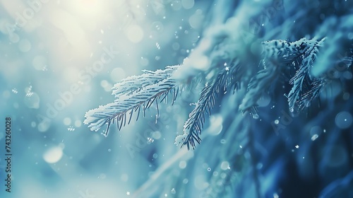 Blue winter christmas nature background banner format Snowcovered fir branches against defocused blurred forest and falling snow Closeup copy of space : Generative AI