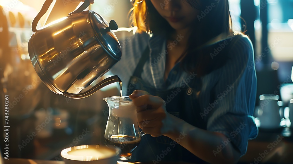 Naklejka premium Waitress pouring hot drink during coffee break closeup : Generative AI