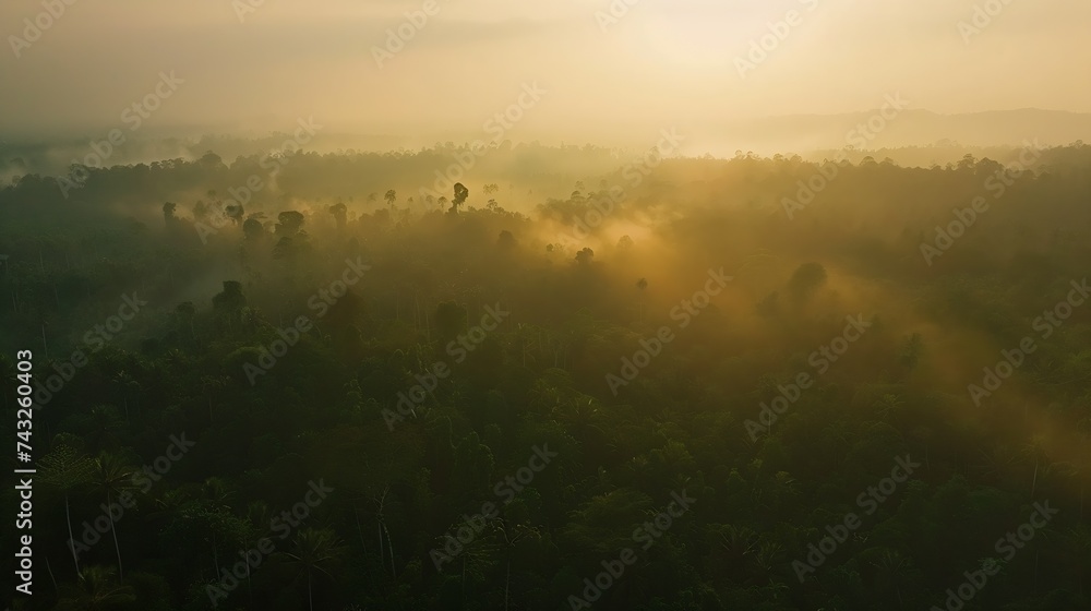 Aerial panoramic view of hazy sunset over lush primary forest in Halmahera Indonesia : Generative AI Aerial panoramic view of hazy sunset over lush primary forest in Halmahera Indonesia : Generative AI