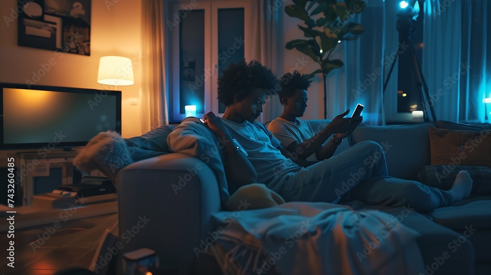 Bored friends using their smart phones sitting on a couch in the living room at home : Generative AI Bored friends using their smart phones sitting on a couch in the living room at home : Generative AI