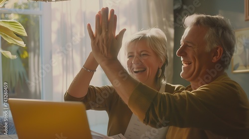 Overjoyed exited middle aged married couple giving high five finishing doing domestic paperwork together at home Euphoric happy older mature spouses celebrating successful investment o : Generative AI photo