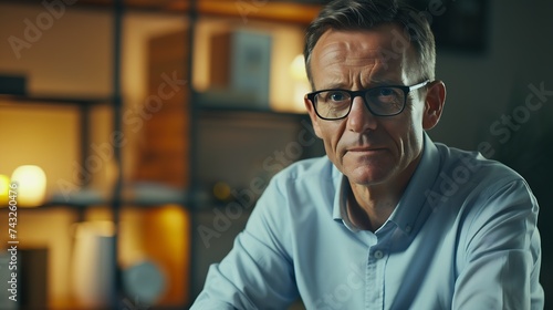 Head shot portrait confident businessman coach wearing glasses looking at camera and talking mentor speaker holding online lesson explaining sitting at wooden work desk in modern cabin : Generative AI