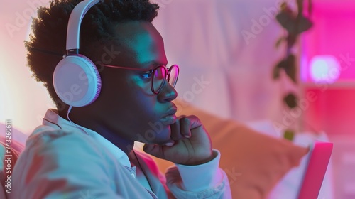 Focused African student wear headphones studying online do exercise using laptop watching video learning language selfeducation estudy concept Horizontal photo banner for website heade : Generative AI photo