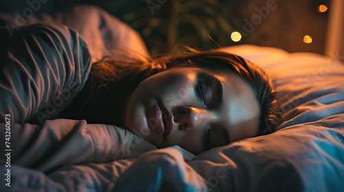 Beautiful young woman sleeping in bed at night : Generative AI © Generative AI