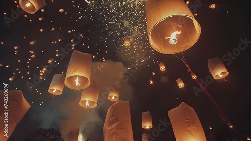 Sky lanterns firework festival Loy Krathong and Yi Peng Festival in Chiangmai Thailand November 25 2015 : Generative AI photo
