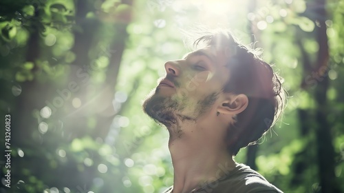 Relaxed adult man breathing fresh air in a forest with green trees in the background : Generative AI