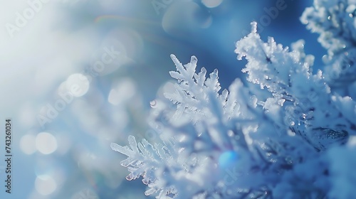 Light soft snowy Christmas background backdrop Decorative blue snowflakes closeup macro in snow on nature outdoors on sunny day copy space : Generative AI