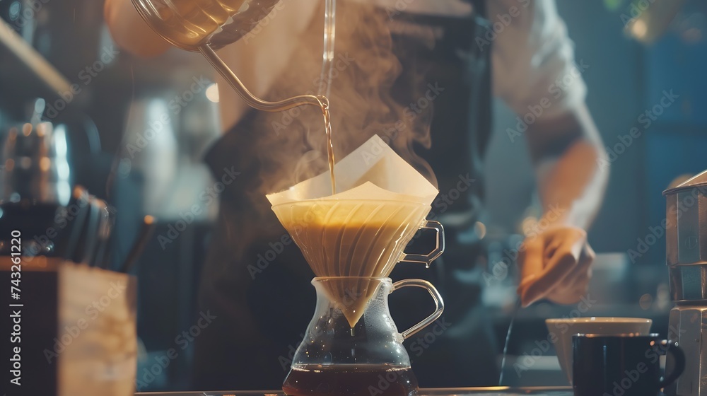 Barista is making drip brewing filtered coffee or pour over coffee with hot water and filter paper in coffee shopvintage tone : Generative AI - obrazy, fototapety, plakaty 