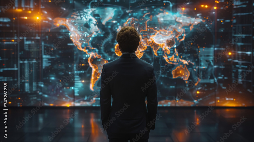 The investor stands in front of a holographic world map depicting different global economies. With a flick of their hand holographic graphics appear to illustrate the potential - obrazy, fototapety, plakaty 